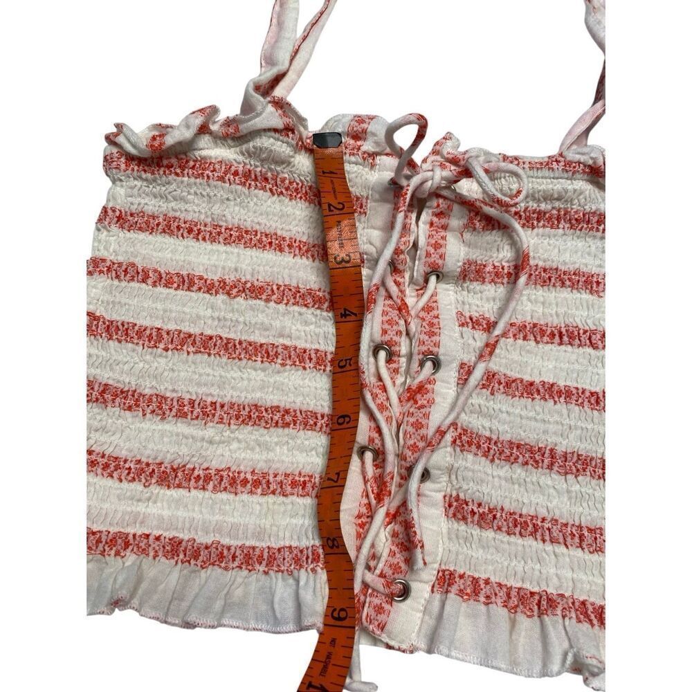 Free People Smocked Lace Up Striped Crop Top Coquette Cottagecore Boho Small - Picture 12 of 14